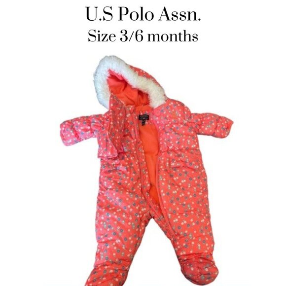 U.S. Polo Assn snowsuit 3/6 months faux fur on hood zip up front fully lined. - Picture 1 of 6